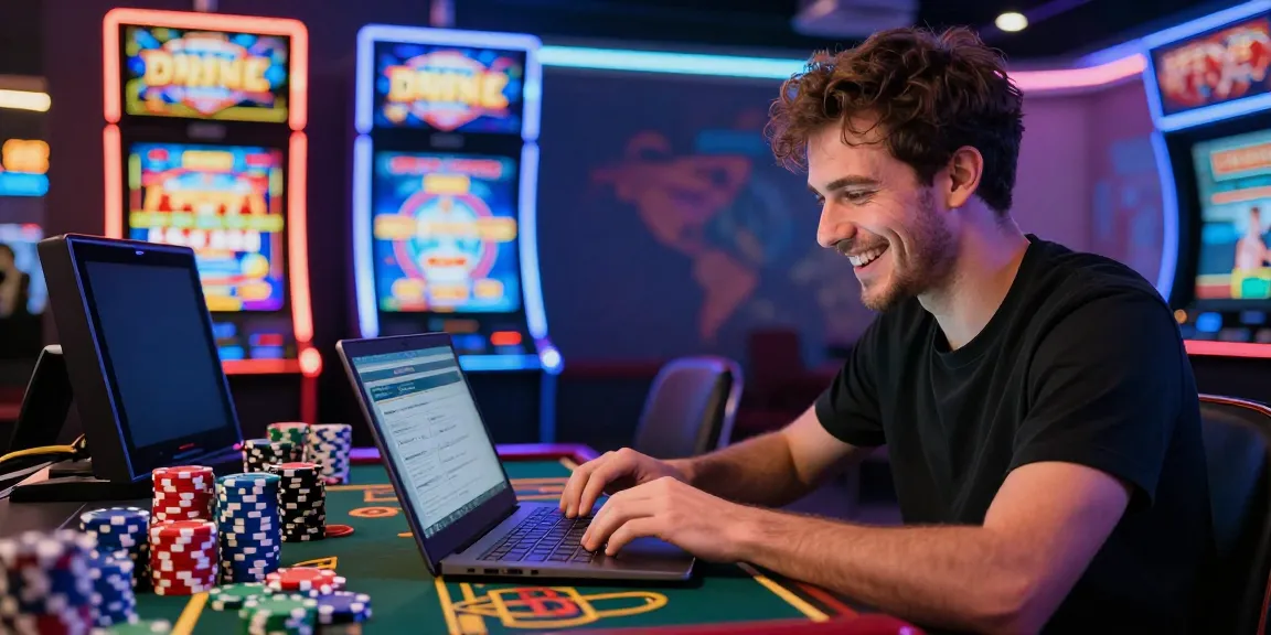 Engaged gamer playing at casinos that accept credit card, surrounded by vibrant casino elements.
