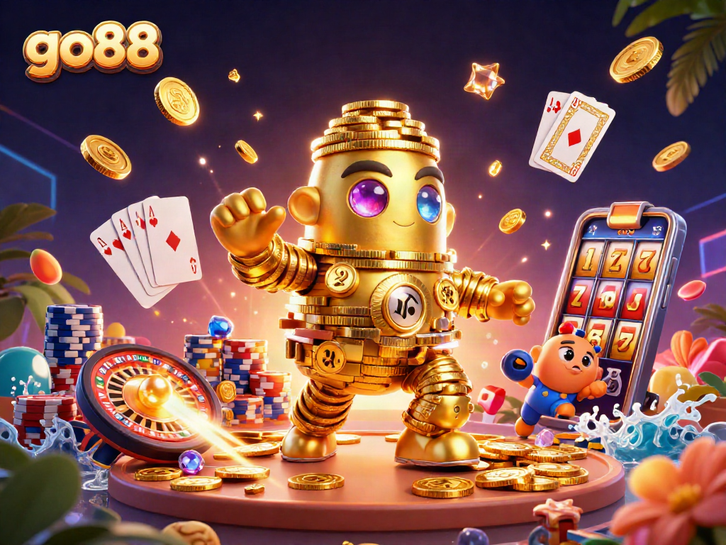Experience thrilling wins with go88's golden golem and jackpot games surrounded by vibrant casino elements.