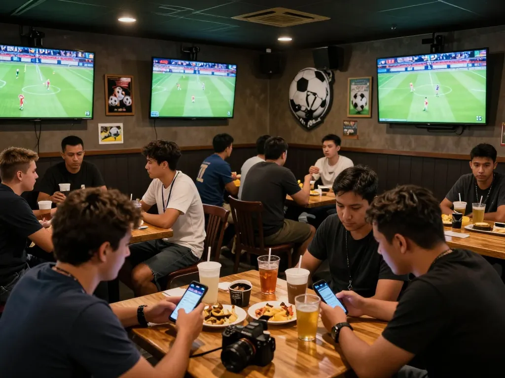 Fans excitedly checking kèo nhà cái while watching live sports in a vibrant sports bar.