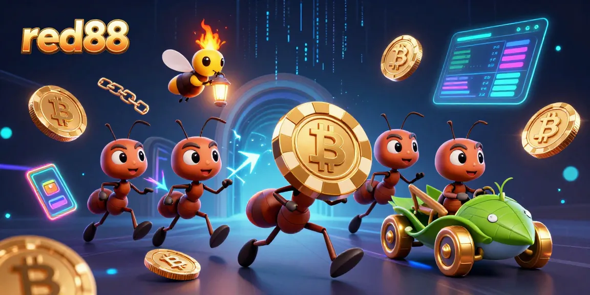 Experience the thrill at red88 with a heist scene showcasing 3D ants and glowing crypto elements.