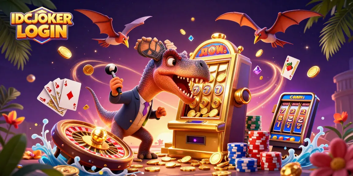 IDCJOKER LOGIN: Exciting illustration of a pachycephalosaurus and friends amid cascading coins in a vibrant casino scene.