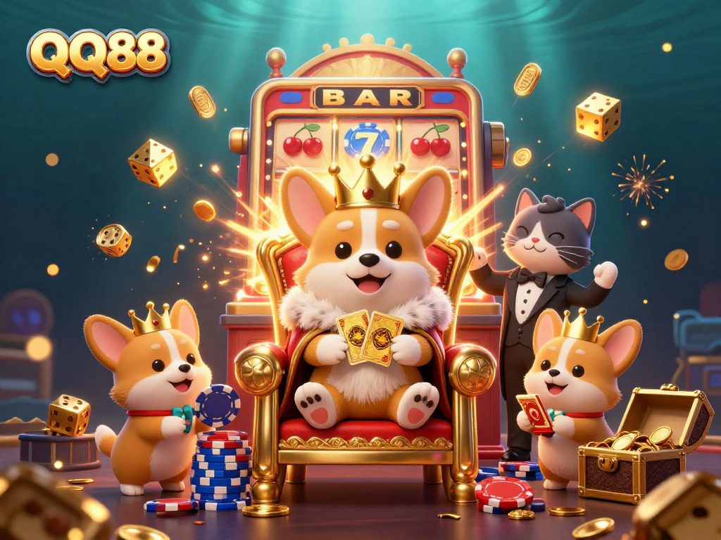 Win big with QQ88 in a vibrant casino scene featuring royal corgi characters and thrilling game elements.