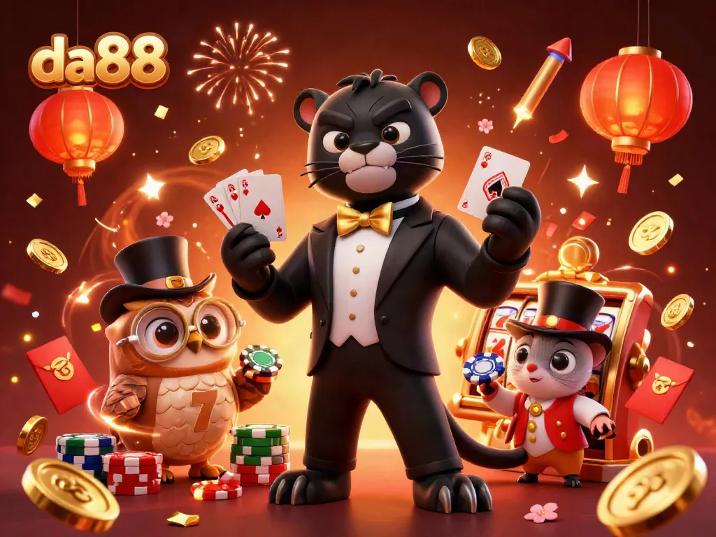 Experience thrilling slots with da88 showcased by stylish characters at a vibrant casino scene.