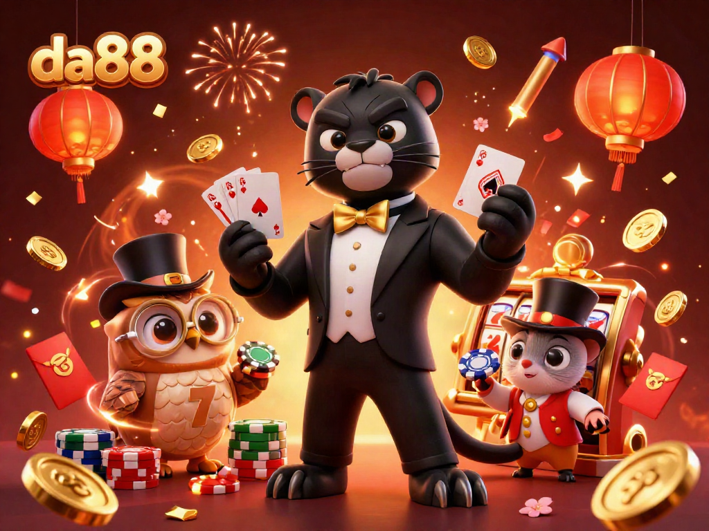 Experience thrilling slots with da88 showcased by stylish characters at a vibrant casino scene.