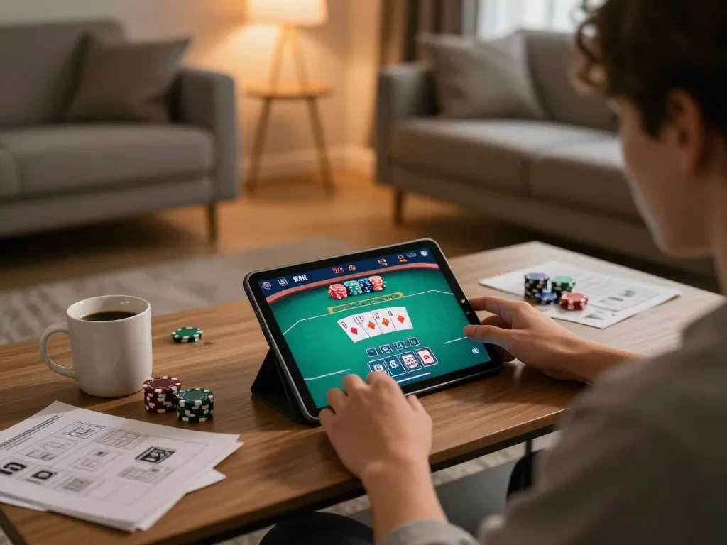 Engaging online gaming experience at WALA88 with person playing poker on tablet, vibrant gameplay visible.