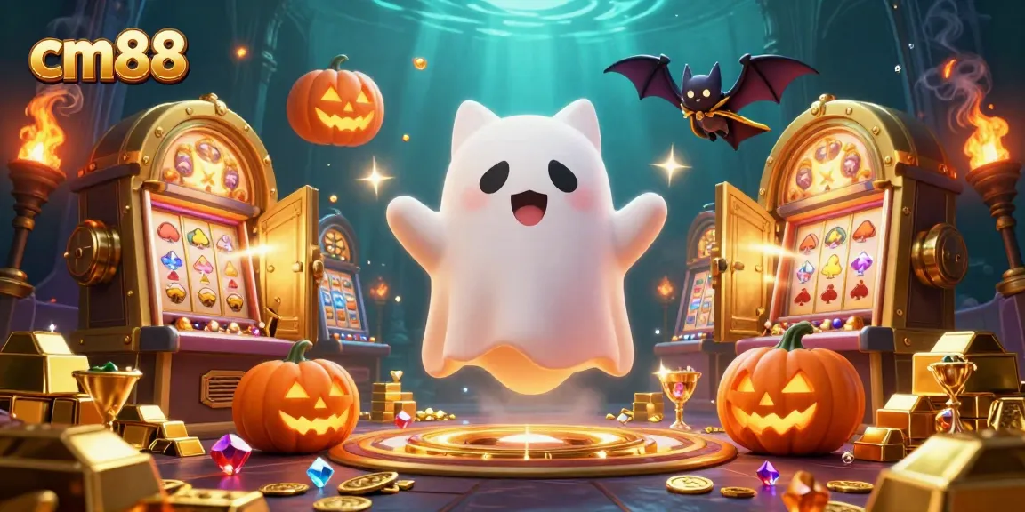Win big with cm88: A playful ghost cat and vampire bat enhancing the casino experience.