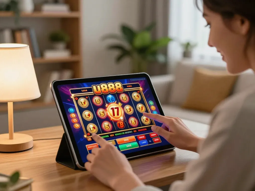 Play exciting u888 casino games on a tablet in a cozy home setting, showcasing vibrant slot graphics.