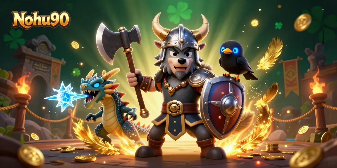 Nohu90 players engaging in epic gaming with a Viking wolf, fierce dragon, and vibrant casino elements.