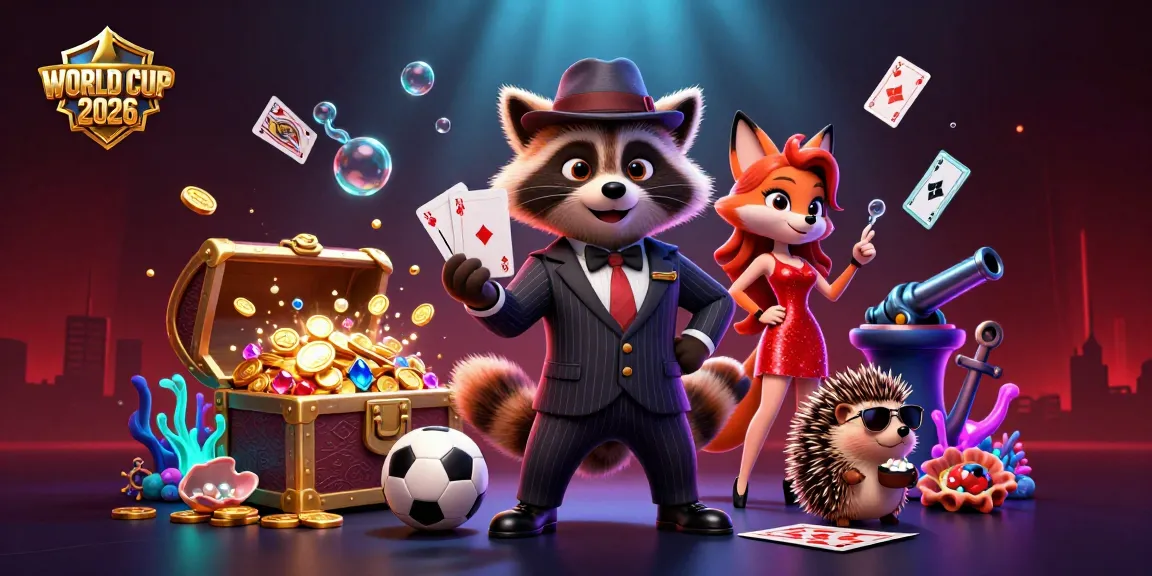 Engage in sports betting excitement with WORLD CUP 2026 themed characters and vibrant casino elements.