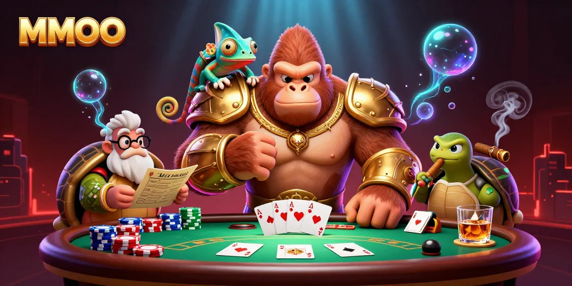 Engage in high-stakes poker action with MMOO, featuring colorful chips and dynamic characters.