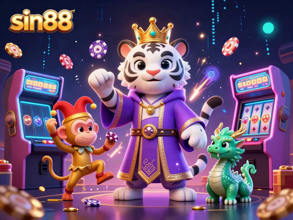 Experience thrilling gameplay with sin88 as a white tiger, monkey, and dragon unite in a vibrant casino scene.