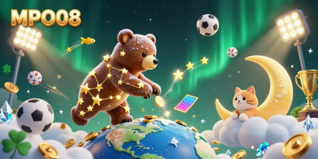 MPO08 engages players with sports-themed elements in a dynamic casino illustration.