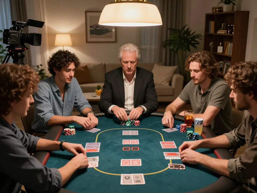 Kuwin players strategizing a high-stakes poker game with chips and cards in focus