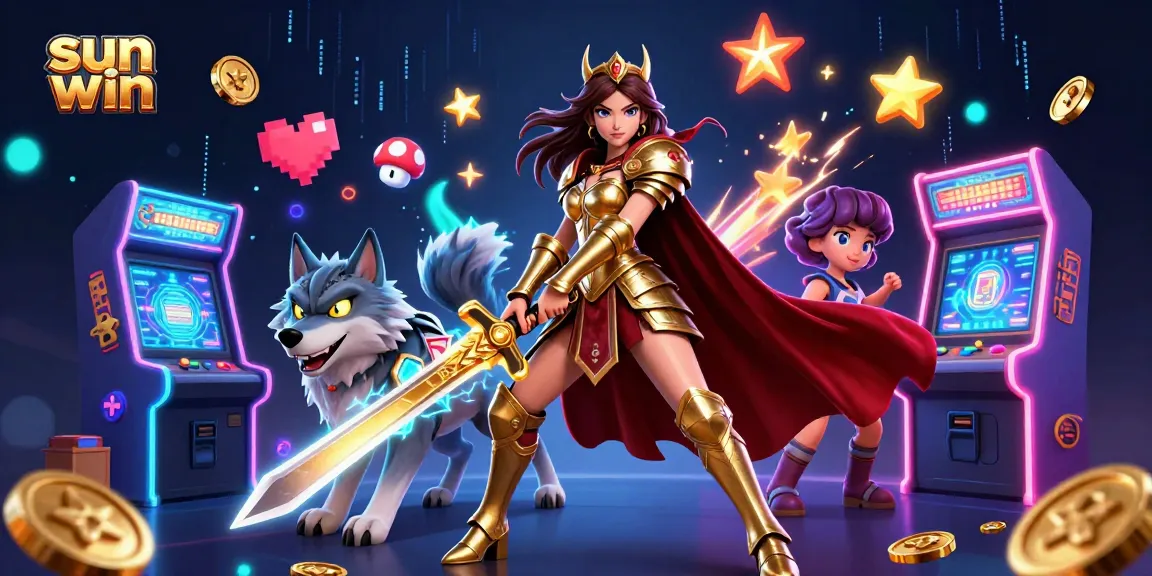 Immerse in thrilling sun win gameplay with a warrior queen and glowing wolf amid vibrant casino elements.