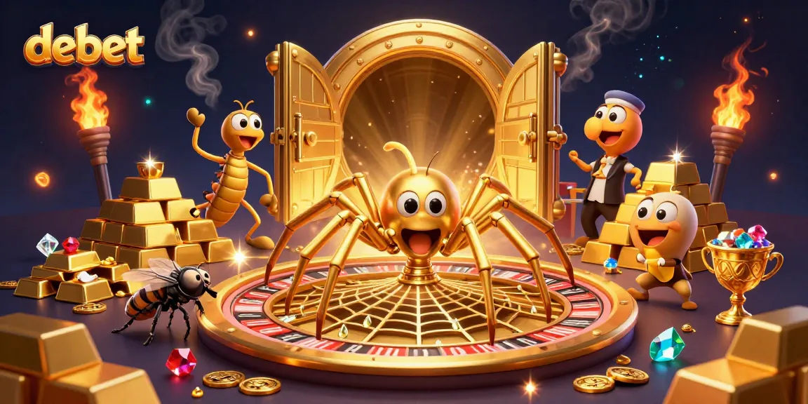 Engage with debet as a 3D golden spider and fly bet at a roulette-themed web amidst rich casino treasures.