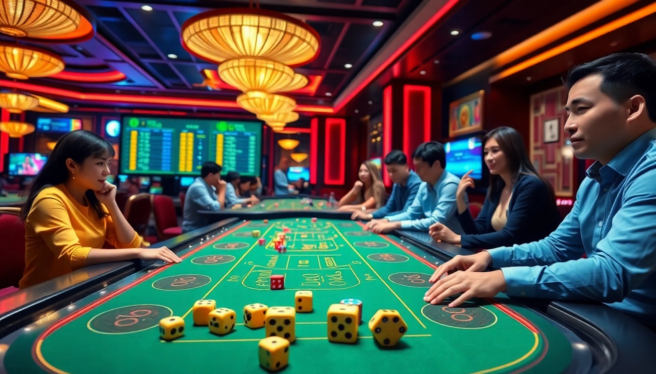 Players engaging in Tài Xỉu MD5 at a sleek casino table with colorful dice and betting options.