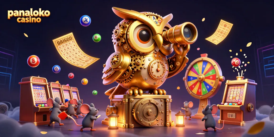 Engage with panaloko casino's vibrant action, featuring a clockwork owl and dynamic lottery elements.