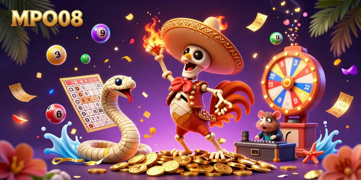 MPO08 engages players with vibrant game elements and dynamic characters in a casino-themed illustration.
