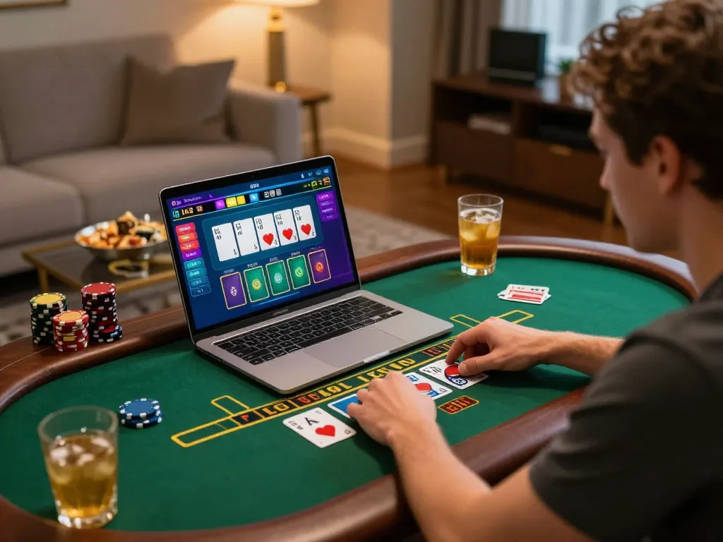Player enjoying luck 8 blackjack game on laptop in cozy home setting with snacks.