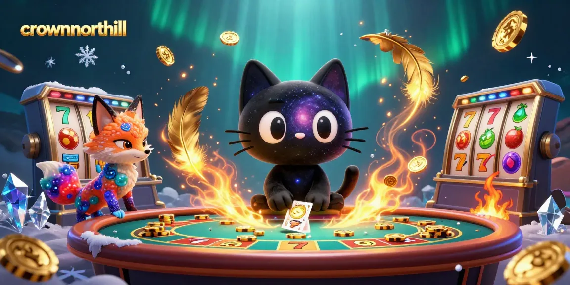 Engage with crownnorthill's vibrant cosmic casino experience featuring dynamic slots and a black hole cat.