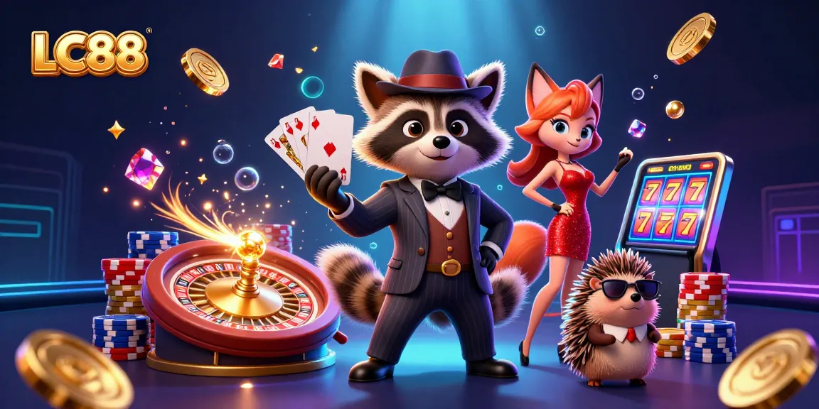 Win big with LC88: A suave raccoon and friends celebrate at the live casino.