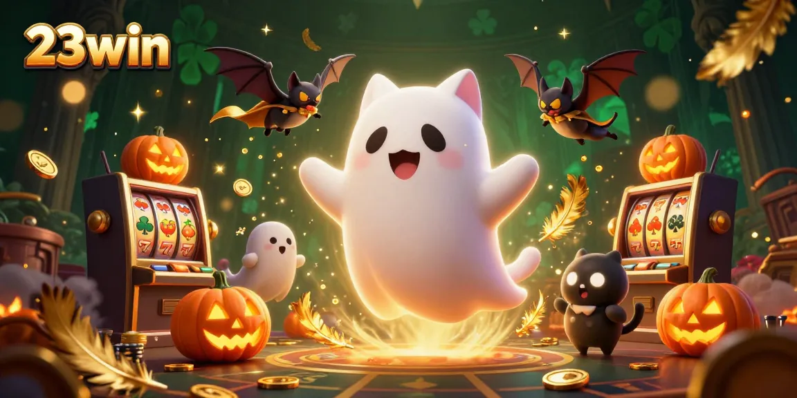 Experience thrilling gameplay with 23win featuring a ghost cat and vampire bat in a lively casino scene.