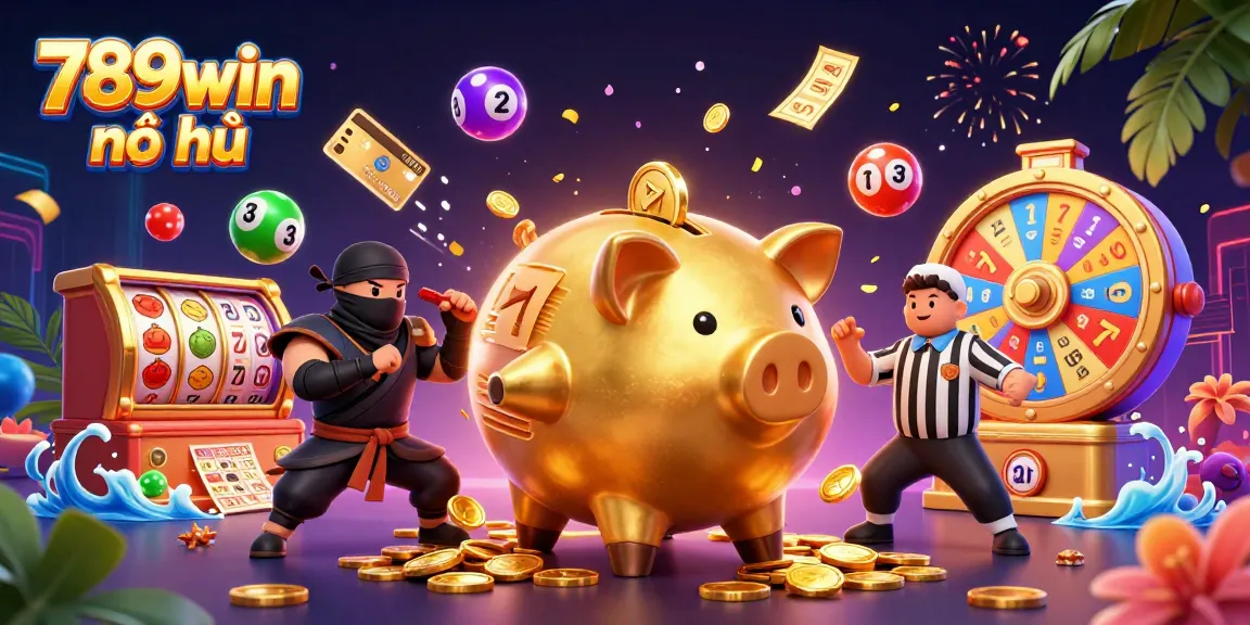 Engage with 789win nổ hũ featuring a dynamic 3D casino scene of a golden piggy bank sumo wrestler, colorful elements and thrilling action.