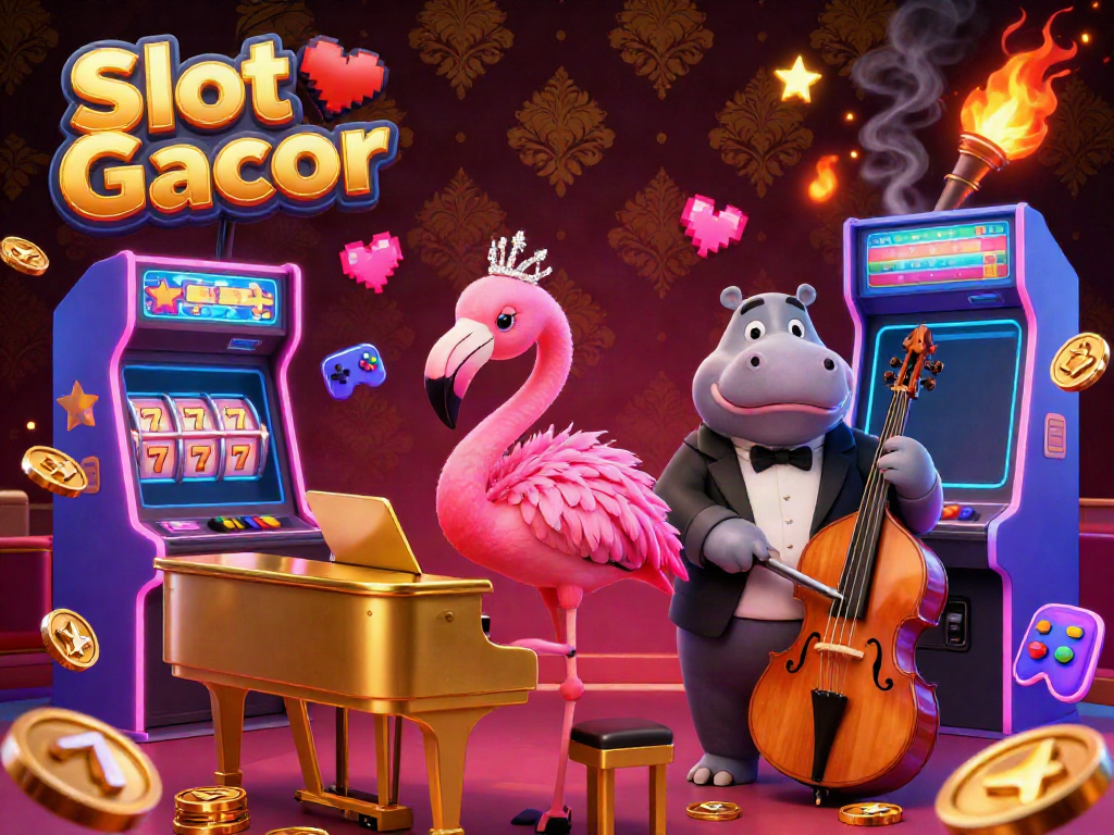Experience Slot Gacor with a vibrant casino scene featuring a flamingo singer, hippo bassist, and dynamic game elements.