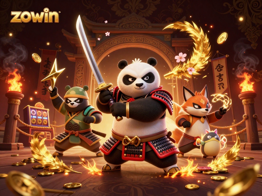 Experience high-energy gameplay at zowin with a dynamic gambling-inspired scene featuring samurai, ninja, and tanuki.