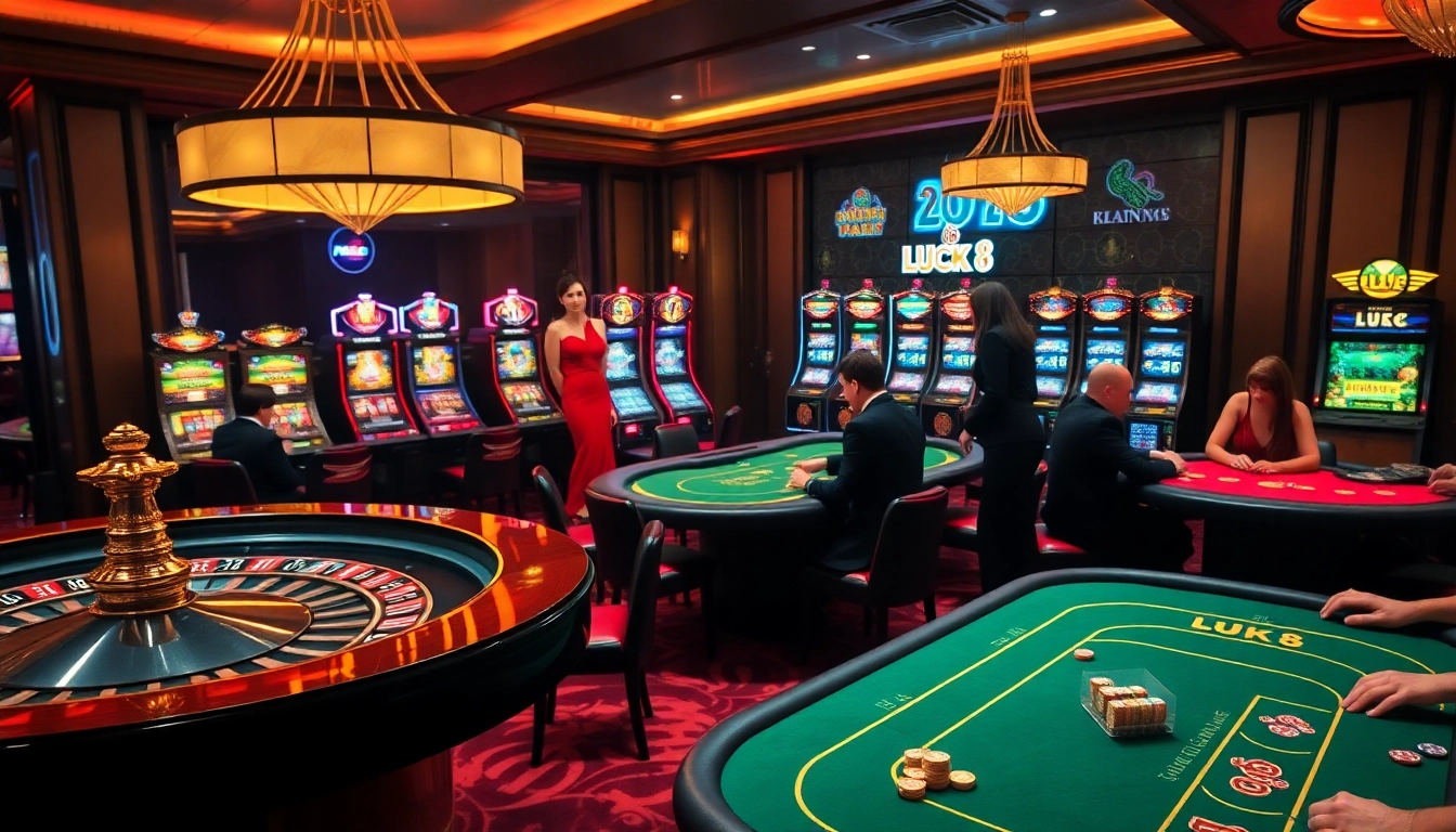 Engaging casino scene with LUCK 8 elements featuring roulette, poker, and slot machines.
