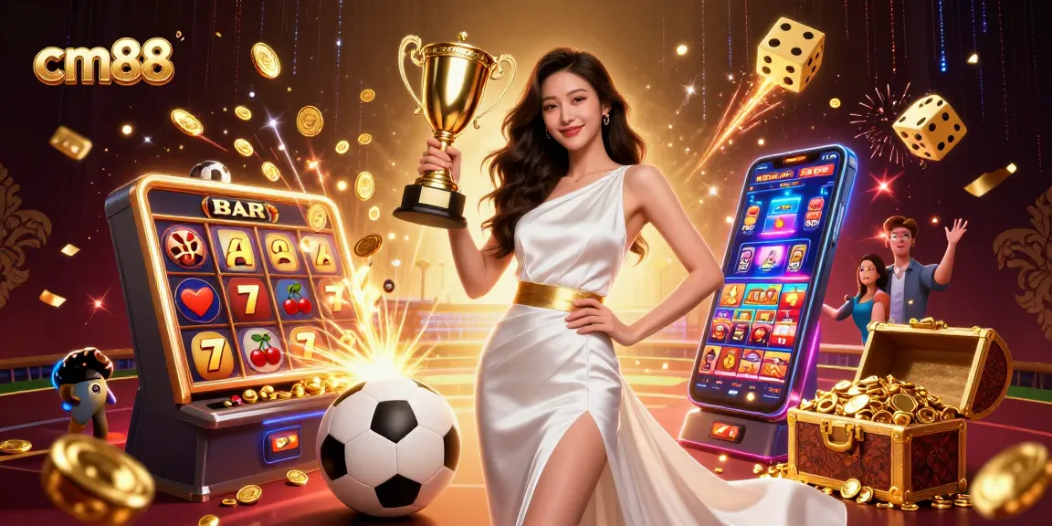 Experience cm88 with a victorious Asian woman showcasing sports betting themes in a vibrant casino setup