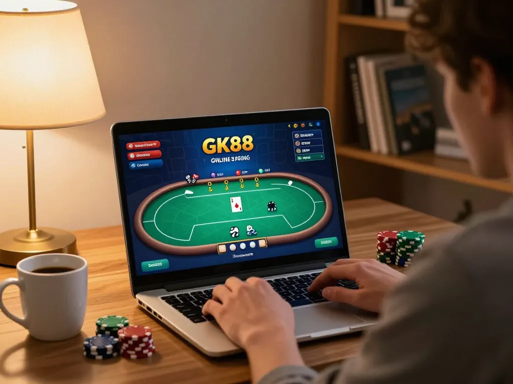 GK88 online player strategizing in a cozy home environment during casino game.