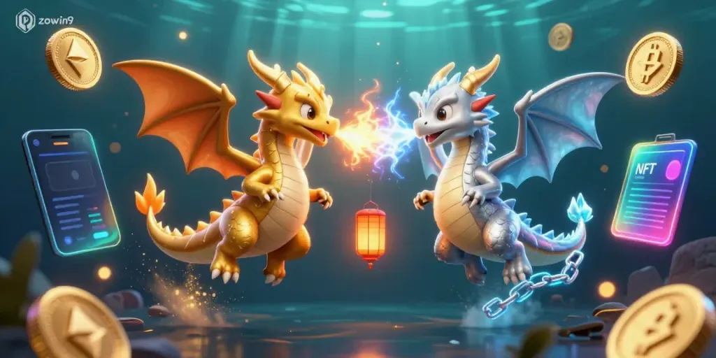 Engage with zowin9, featuring twin cartoon dragons and crypto elements in a vibrant casino scene.