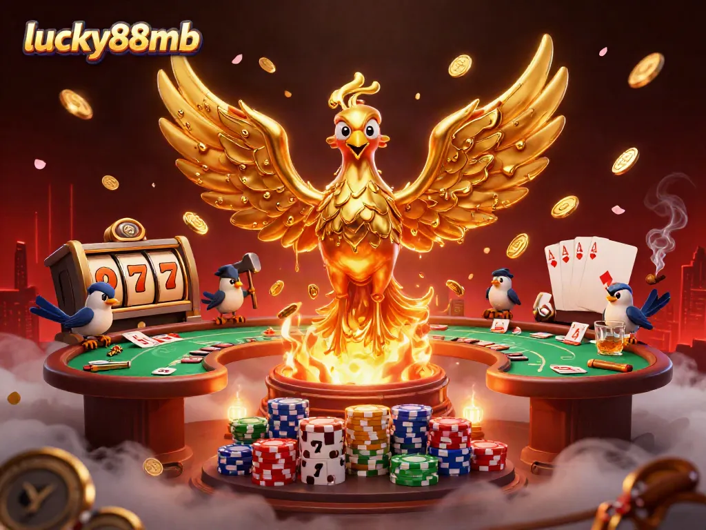 Experience thrilling wins at lucky88mb with this colorful casino scene of winning phoenix and poker elements.