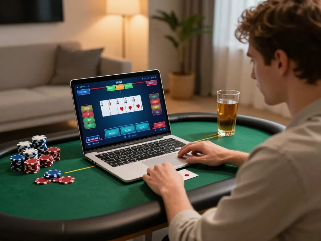 Engaging in exciting poker gameplay on qq88 with a vibrant interface in a cozy home