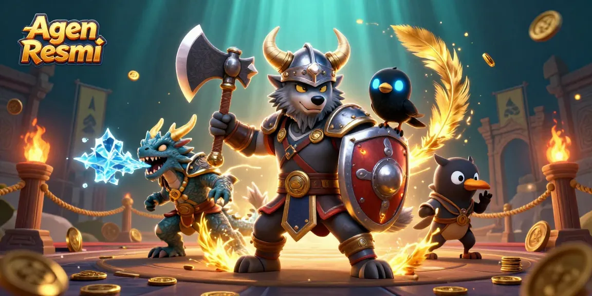 Agen Resmi reveals an epic gaming scene with Viking warrior, dragon, and casino elements.