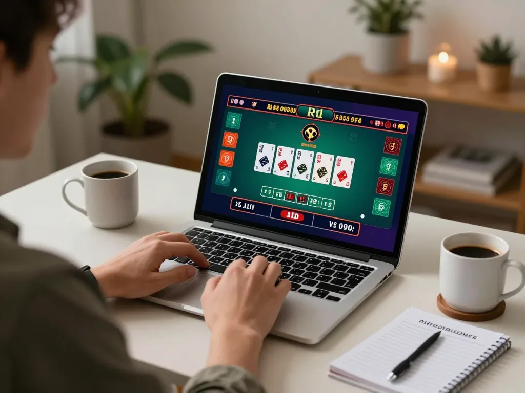 Engaging in C203 blackjack gameplay on a laptop, strategic notes alongside in a cozy setting