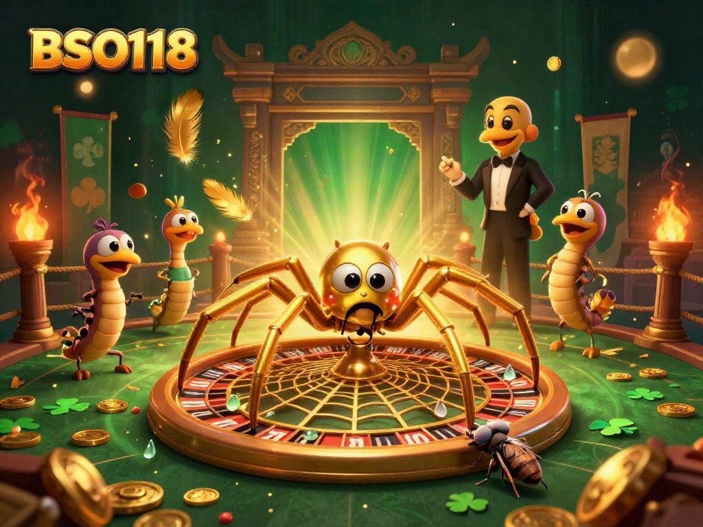 Engage in thrilling bets at BSO118 with a vibrant 3D depiction of a spider croupier and betting fly.