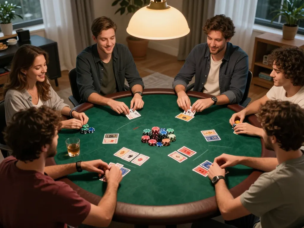 Players enjoying an exciting poker game at home, showcasing CM88's competitive spirit and social atmosphere.