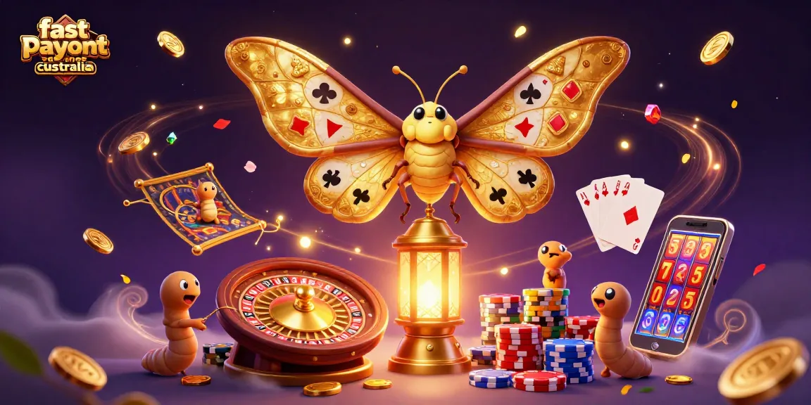 Playing a vibrant scene of fast payout casinos in Australia enriched with golden coins and jewel-like elements.