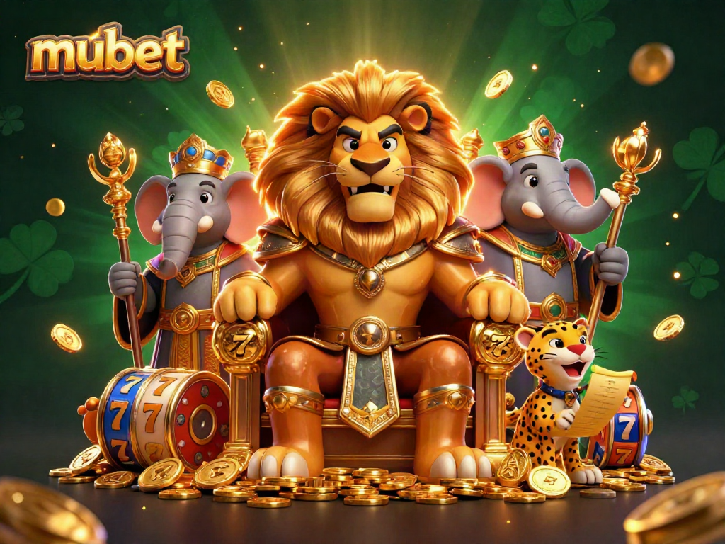 Experience the excitement of mubet with a fierce lion king and vibrant slot elements in a rich casino illustration.