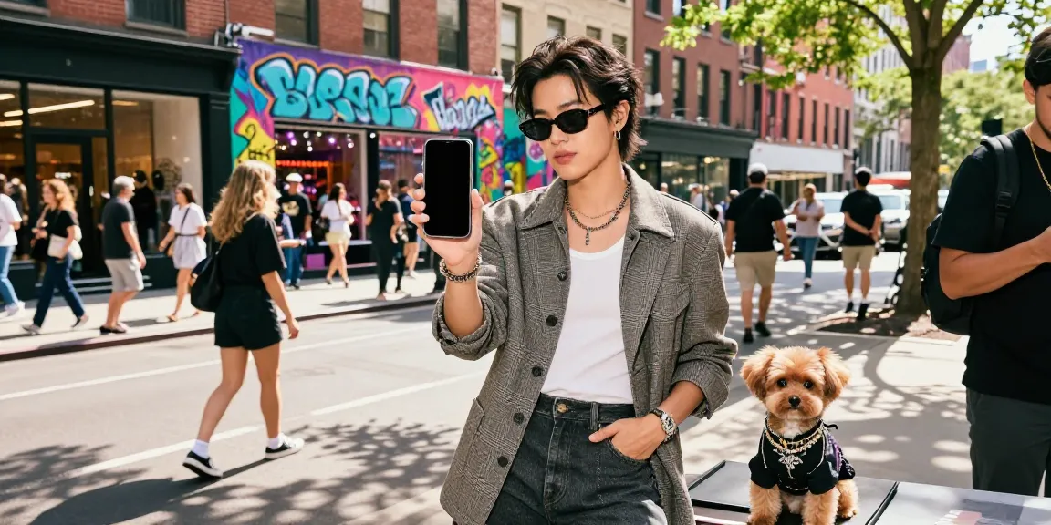 Celebritygiant influencer showcasing fashion trends in an urban setting with vibrant street art.