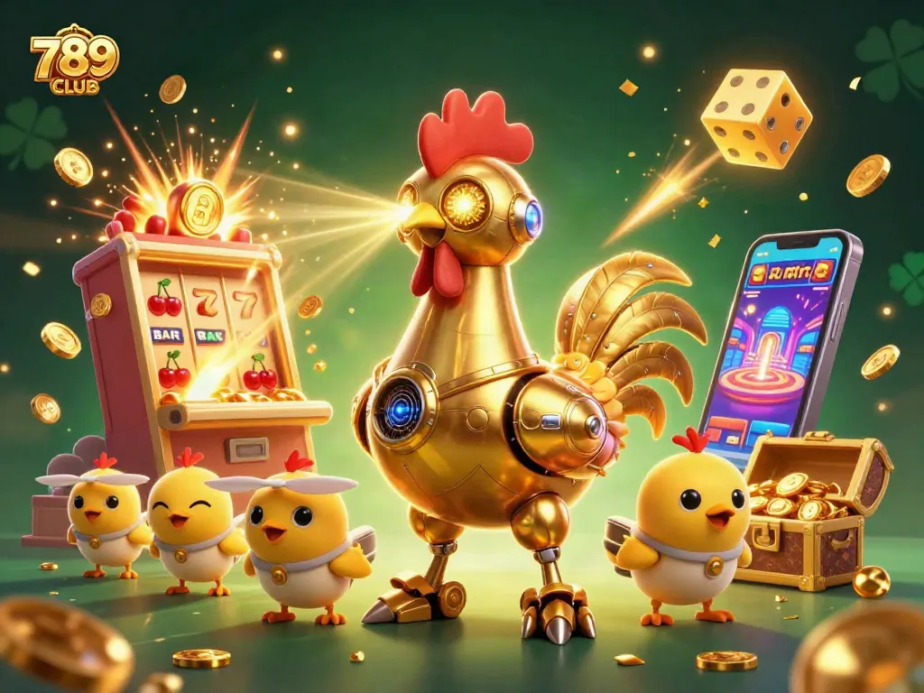 Engage with the vibrant world of 789CLUB as golden rooster robot leads a jackpot celebration.