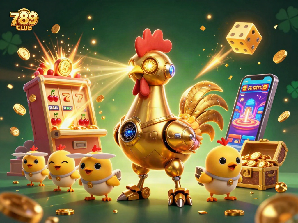 Engage with the vibrant world of 789CLUB as golden rooster robot leads a jackpot celebration.