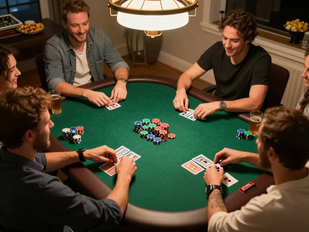 Players enjoying a home poker game with TG88 strategies in action, showing cards and chips on a green felt table.