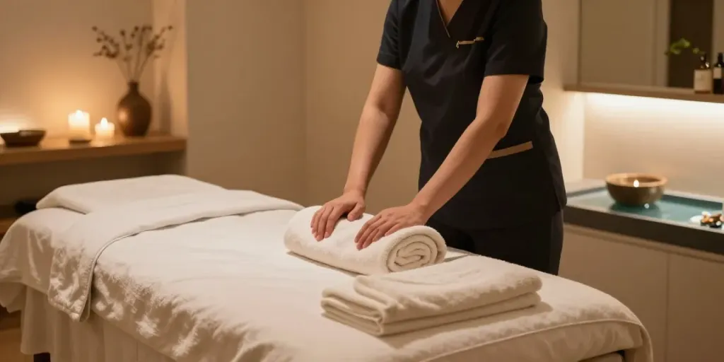 Relaxation atmosphere for 강남출장안마 with a therapist preparing a massage session in a tranquil room