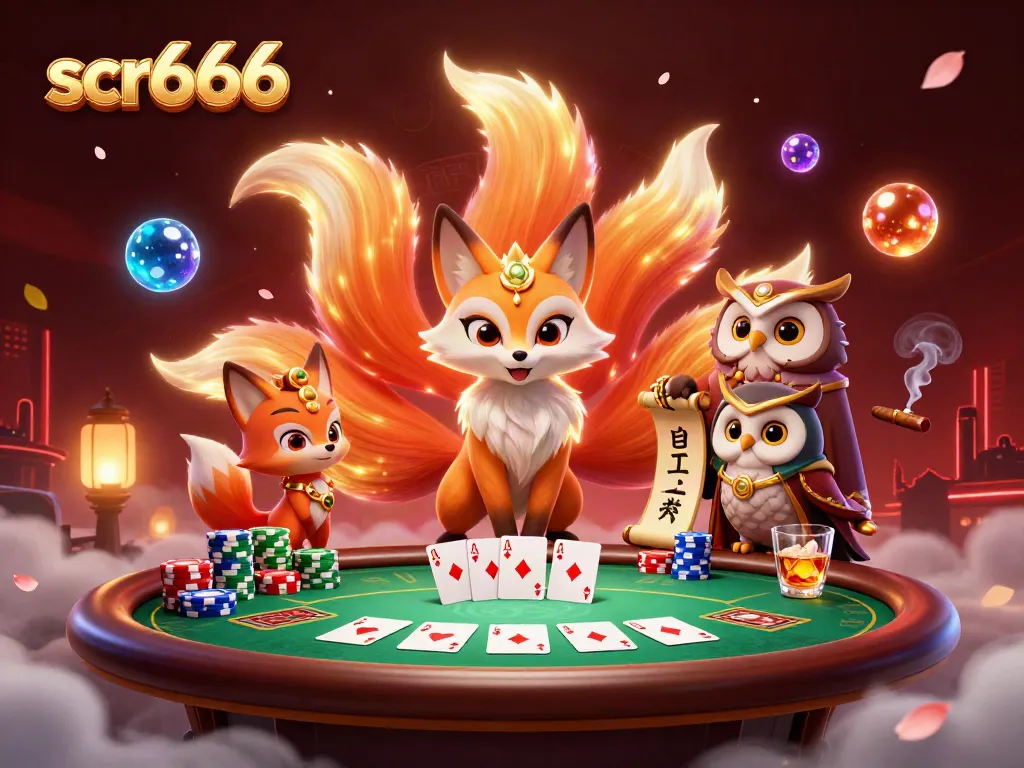 Scr666 illuminates a casino scene with a vibrant nine-tailed fox and poker action.