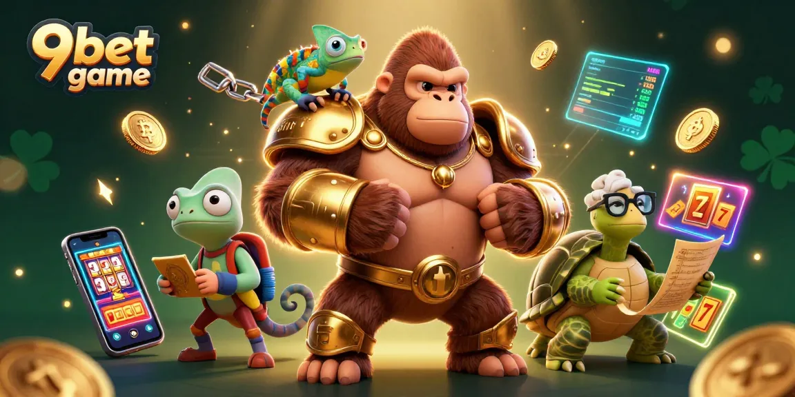 Engage with 9bet game featuring a gorilla king, chameleon, and tortoise in a colorful casino scene.