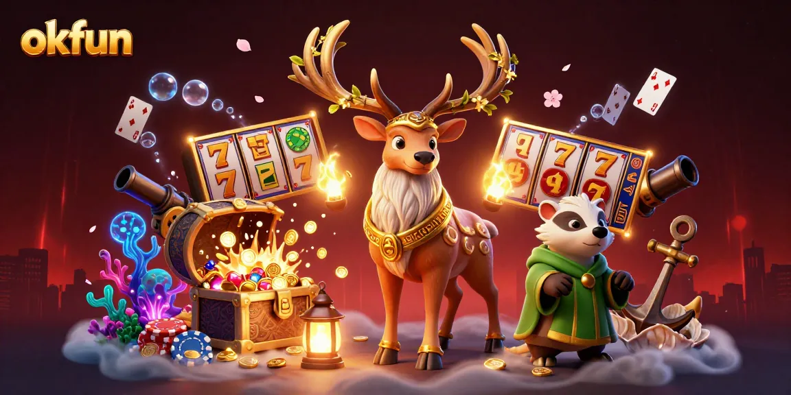 Experience thrilling slots and jackpots with okfun in this vibrant casino-themed 3D illustration.