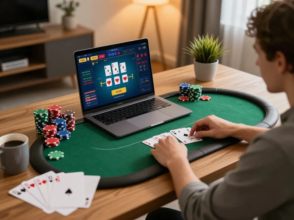 Player engaging in strategic online poker gaming on a laptop, focusing on j88 gameplay